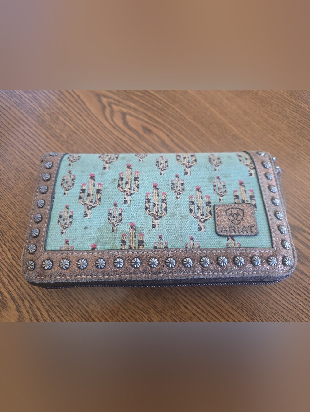 Ariat Mint Green Cactus Zip Card Holder with Stud Accents